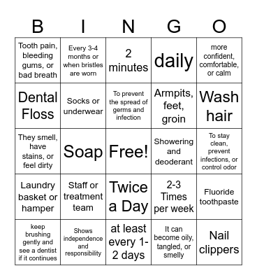 Hygiene Bingo Card
