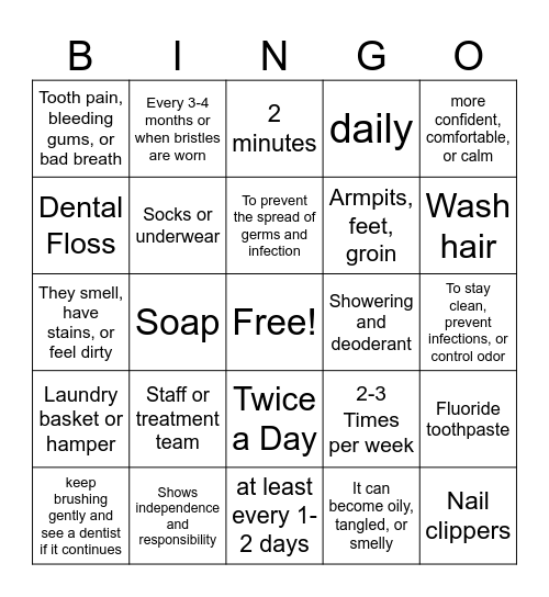 Hygiene Bingo Card