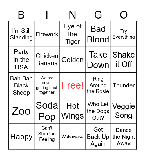 Songs Bingo Card