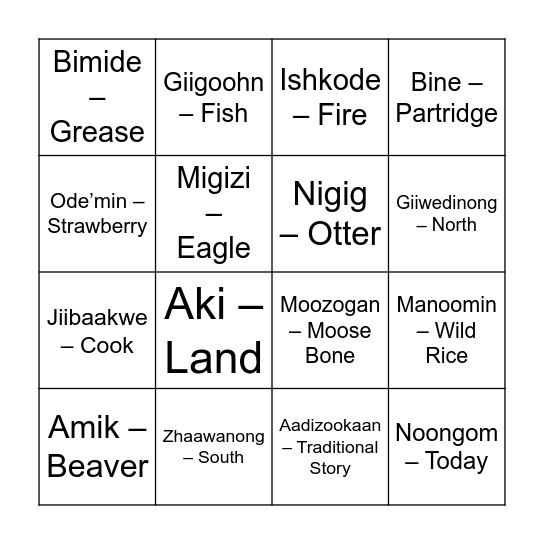 Cultural Camp Bingo Card
