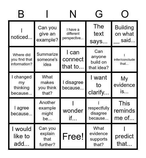 Discussion Bingo Card Bingo Card