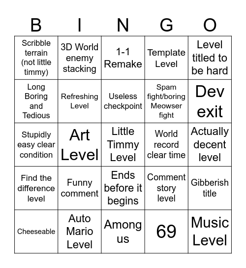Mario Maker 2 Endless Easy Bingo Card