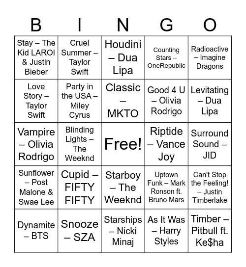 7 Justice Music Bingo Card
