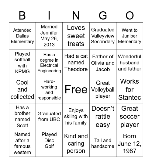 SHANE Bingo Card