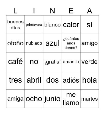 2nd Grade Spanish Bingo Card