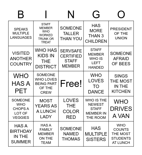 LUNCH HERO BINGO PSD SFE Bingo Card