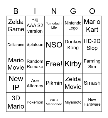 Nintendo Direct 9/6/26 Bingo Card