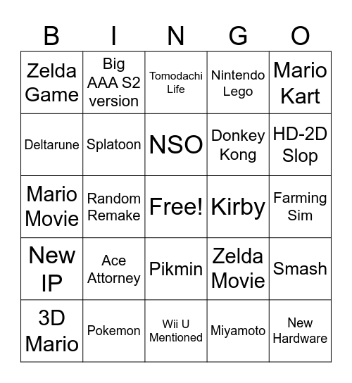 Nintendo Direct 9/6/26 Bingo Card