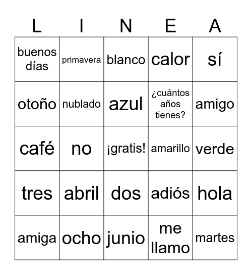 2nd Grade Spanish 2 Bingo Card
