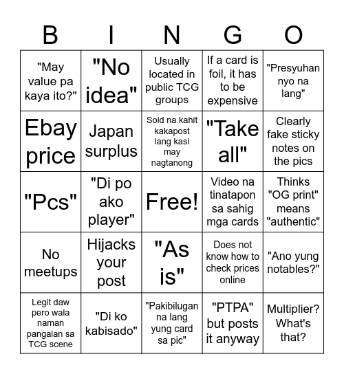 TCG sellers to avoid Bingo Card