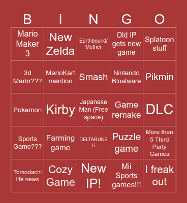 Direct nintendo Bingo Card