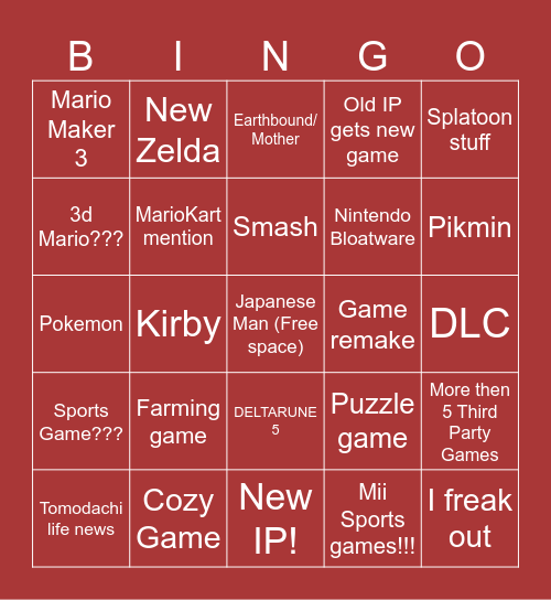 Direct nintendo Bingo Card