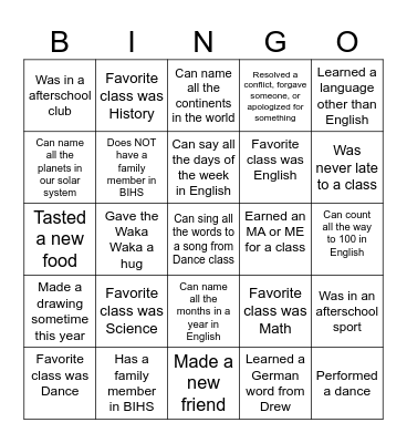 End of the School Year BINGO Card