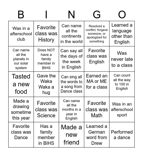 End of the School Year BINGO Card