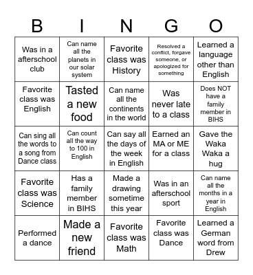 End of the School Year BINGO Card