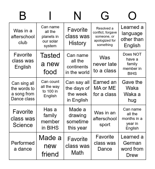 End of the School Year BINGO Card
