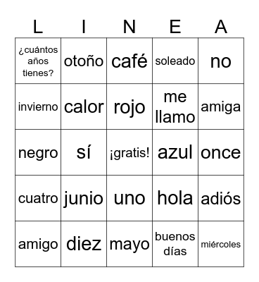 2nd Grade Spanish 3 Bingo Card