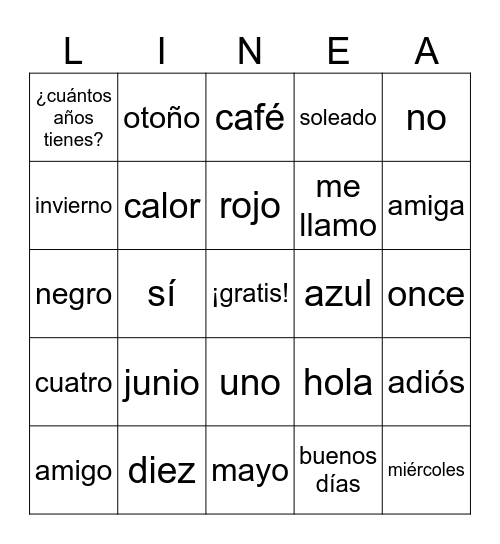 2nd Grade Spanish 3 Bingo Card