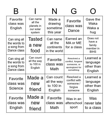 End of the School Year BINGO Card