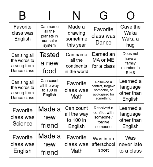 End of the School Year BINGO Card