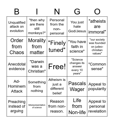 Shitty Theist Bingo Card