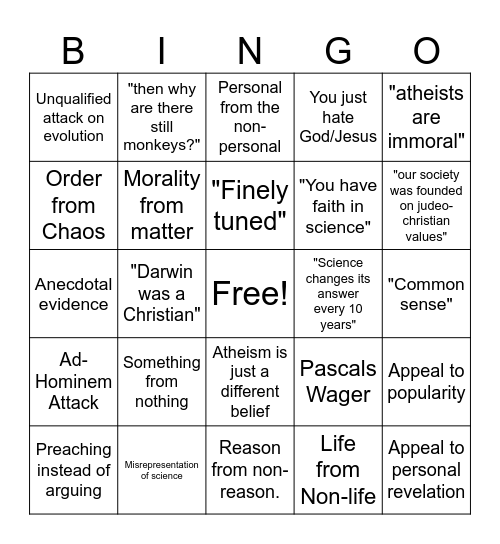Shitty Theist Bingo Card