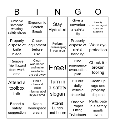 Safety Bingo Card