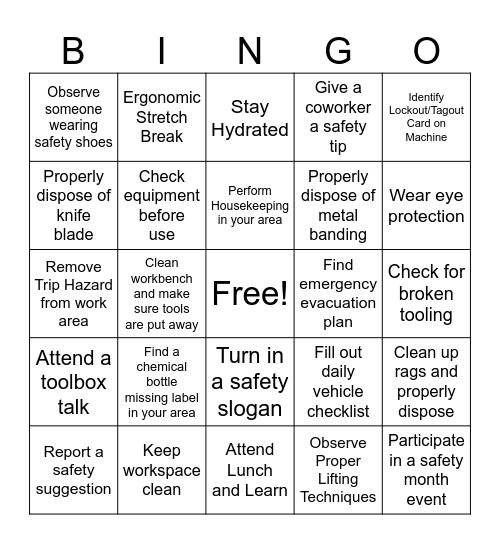 Safety Bingo Card