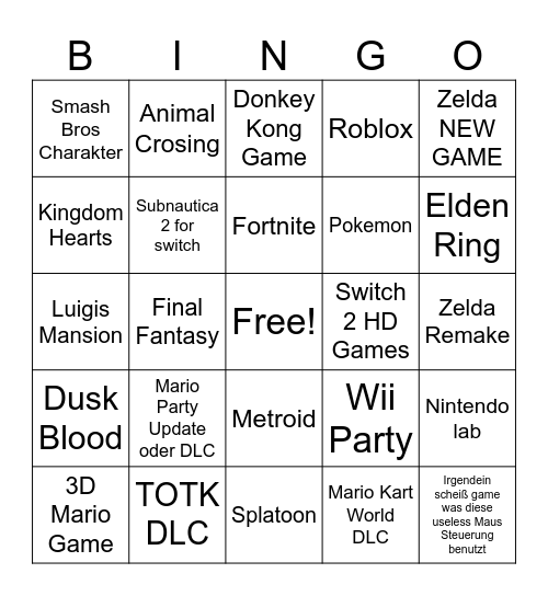 Nintendo Direct Bingo Card