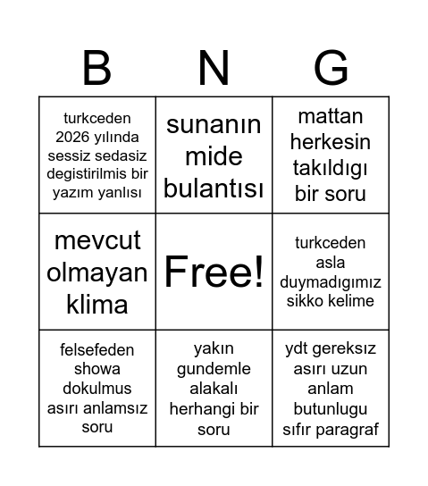 YKS Bingo Card