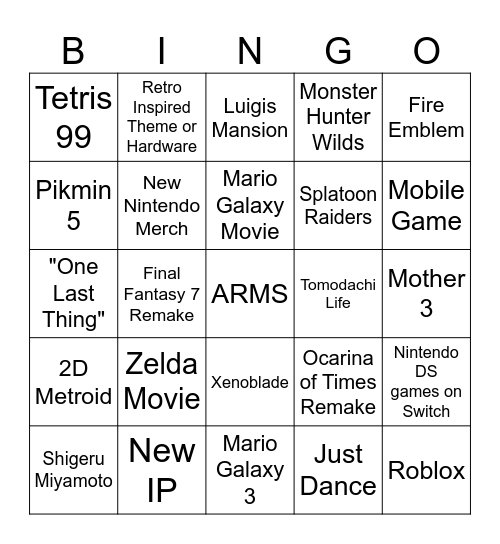 Nintendo Direct June 2026 Bingo Card