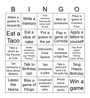 Melissa's 50th Birthday Bingo Card
