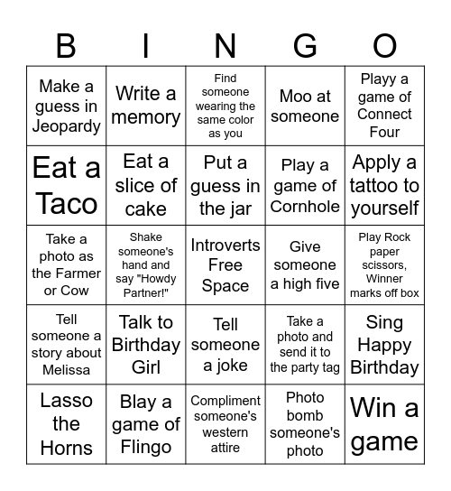Melissa's 50th Birthday Bingo Card