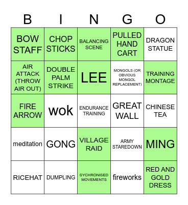 Chinese Kunfu Movie Bingo Card