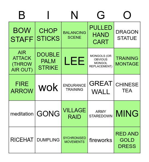 Chinese Kunfu Movie Bingo Card