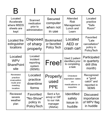 Healthcare Risk Management Week BINGO Card