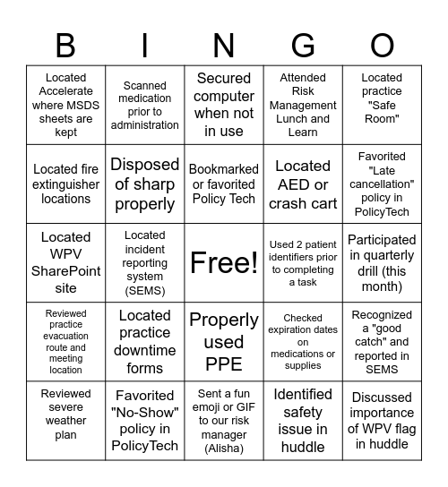 Healthcare Risk Management Week BINGO Card