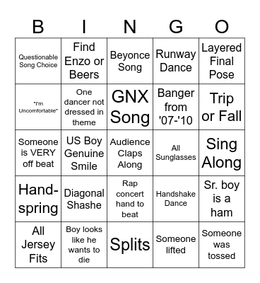 End of Tri Dance Bingo Card