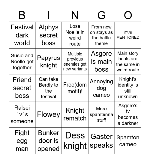 Deltarune chapter 5 Bingo Card