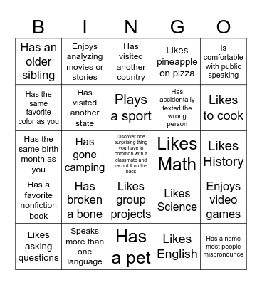 Getting to know each other BINGO Card