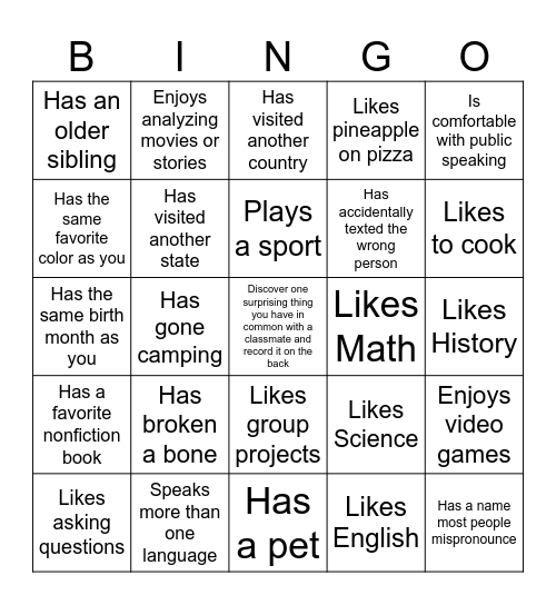 Getting to know each other BINGO Card