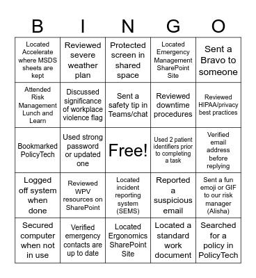Virtual Staff Healthcare Risk Management Week Bingo Card