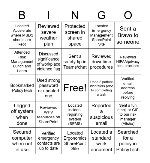 Virtual Staff Healthcare Risk Management Week Bingo Card