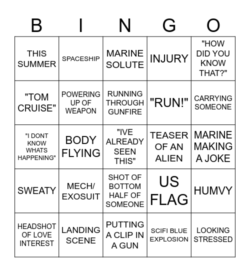 SCI FI ACTION MOVIE BINGO Card