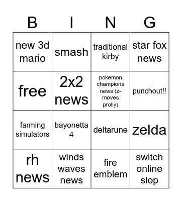 new nintendo direct Bingo Card