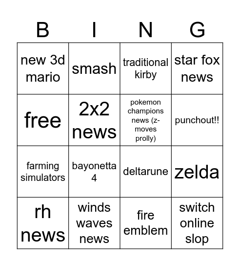 new nintendo direct Bingo Card
