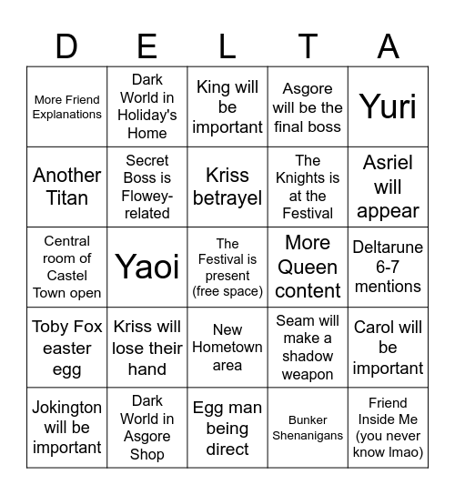 Deltarune Chapter 5 Bingo Card