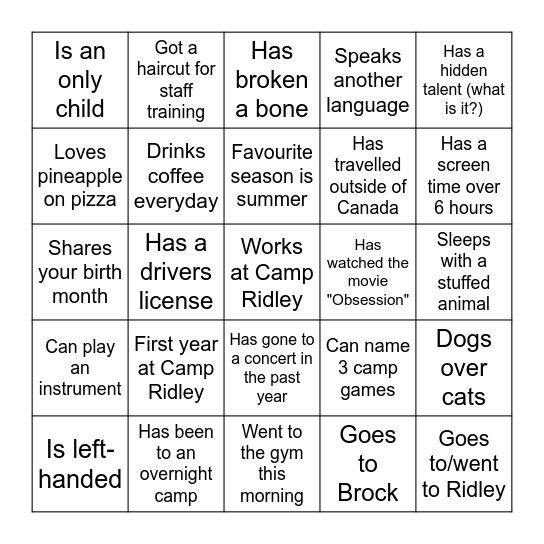 Counsellor Bingo Card
