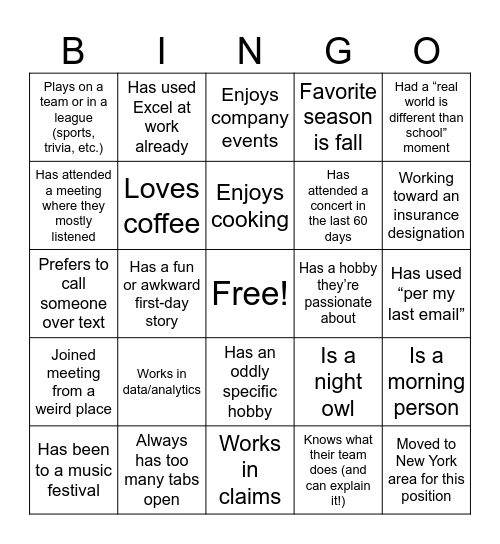 Trainee and Intern Networking Bingo Card