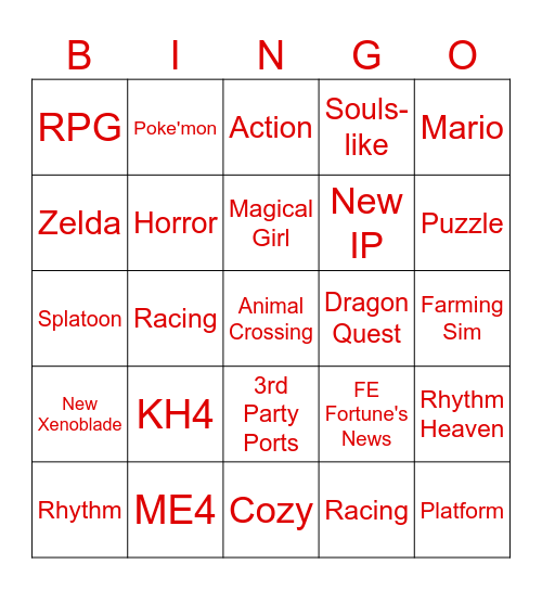 Nintendo Direct Bingo Card